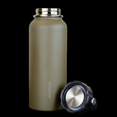 The Condor Vacuum Sealed Thermal Bottle, featuring an olive green stainless steel body and a black and silver screw-on lid, is an EDC essential designed for military or law enforcement professionals on the go.